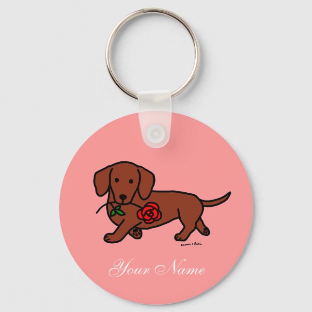 Dachshund and a flower cartoon key ring (Front)