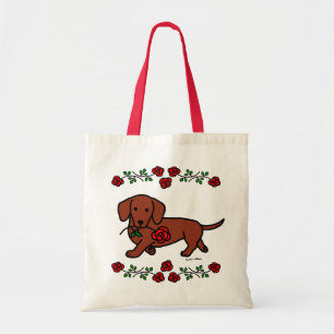 Dachshund and a flower cartoon tote bag