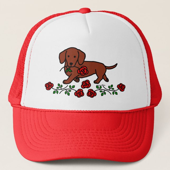 Dachshund and a flower cartoon trucker hat (Front)