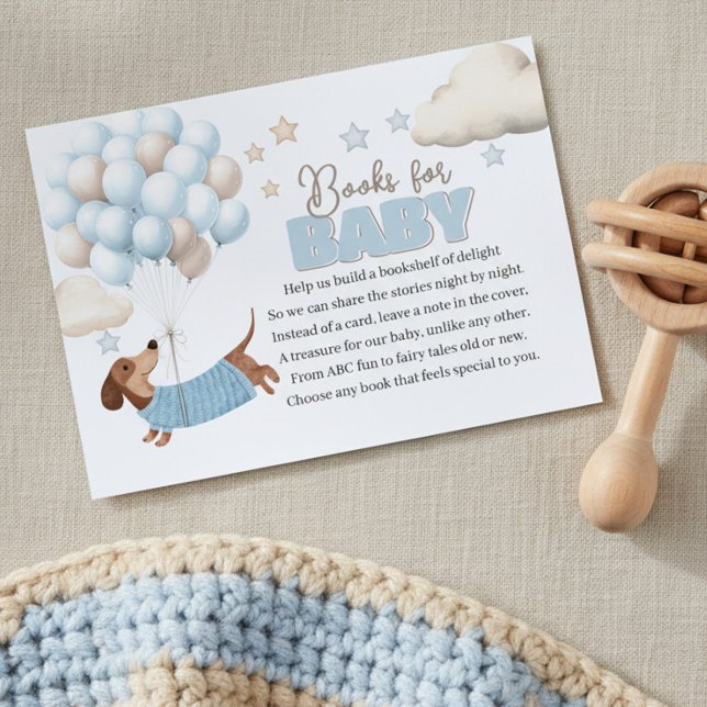 Dachshund and Balloons Blue Books for Baby Shower Enclosure Card (Baby Shower Book Request Card. Dachshund and balloons design in blue and beige)