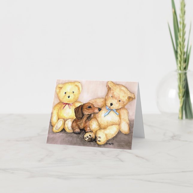 "Dachshund and Bear Friends" Dog Art Notecard (Front)