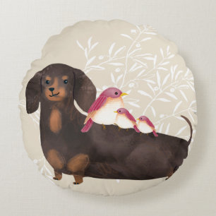 Dachshund and Birds Family Round Cushion