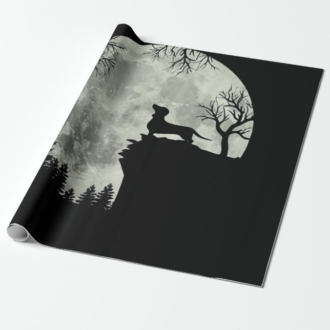 Dachshund And Moon Halloween Wrapping Paper (Unrolled)