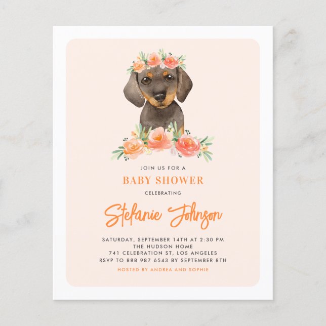 Dachshund and Peach Flowers Baby Shower Invitation (Front)