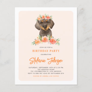 Dachshund and Peach Flowers Birthday Invitation