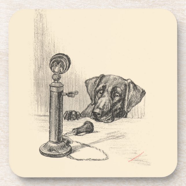 Dachshund and Vintage Phone Coaster (Front)