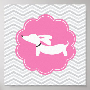 Dachshund Art Pink & Grey Nursery Art  Poster