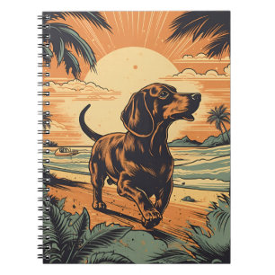 Dachshund at a tropical beach during sunset notebook