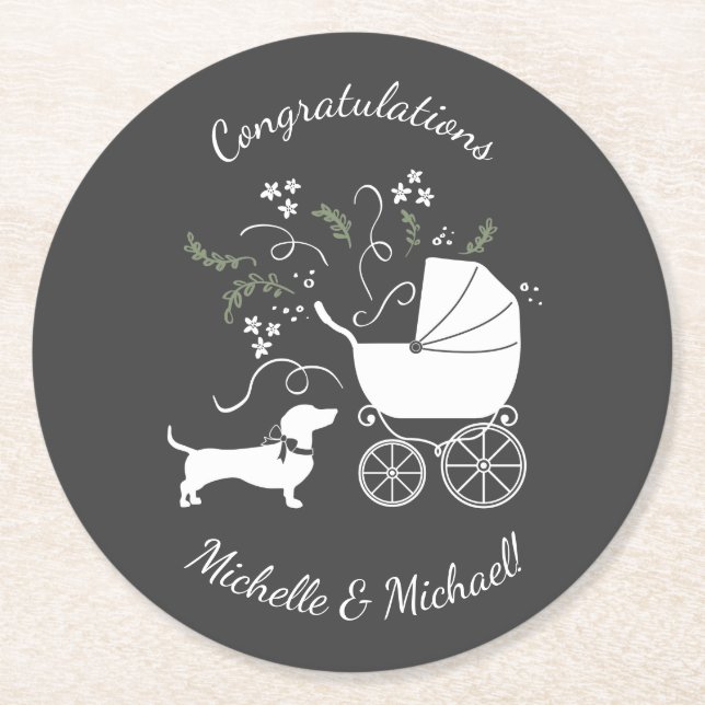 Dachshund Baby Shower Weiner Dog Gender Neutral Round Paper Coaster (Front)