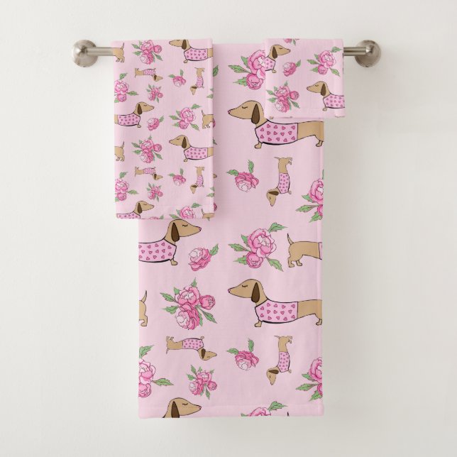 Dachshund Bath Towel Set Doxie + Peonies Floral (Insitu)
