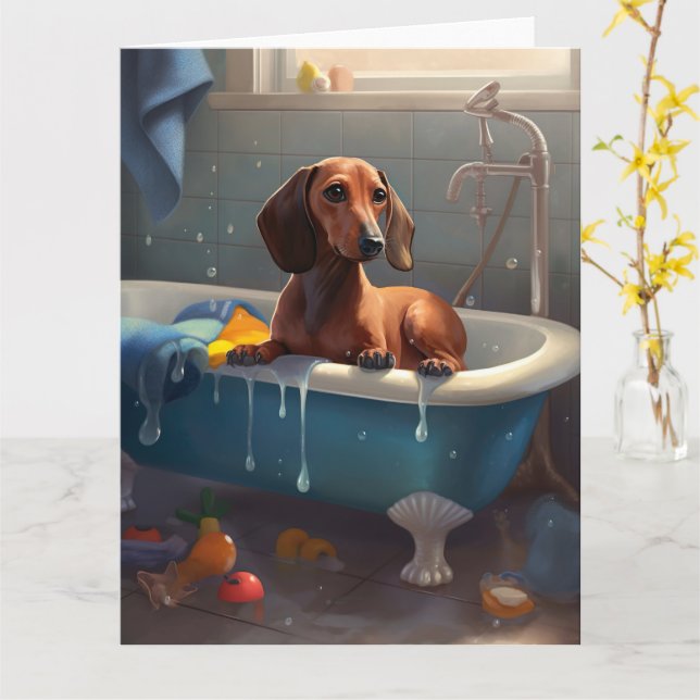 Dachshund Bathtime Fun  Card (Yellow Flower)