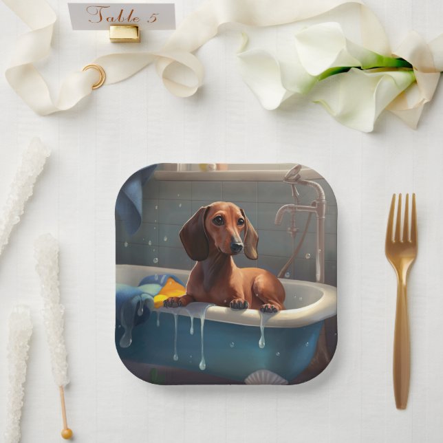 Dachshund Bathtime Fun  Paper Plate (Wedding)
