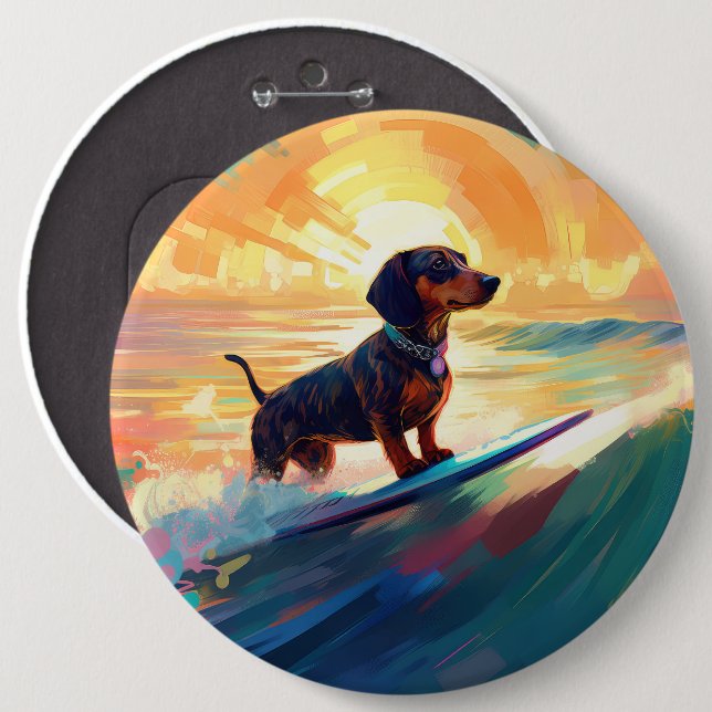 Dachshund Beach Surfing Painting 6 Cm Round Badge (Front & Back)