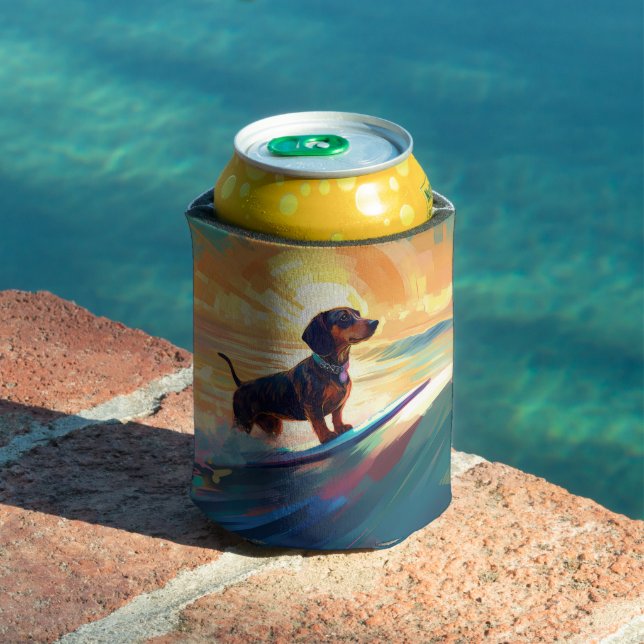 Dachshund Beach Surfing Painting Can Cooler (In Situ Pool)