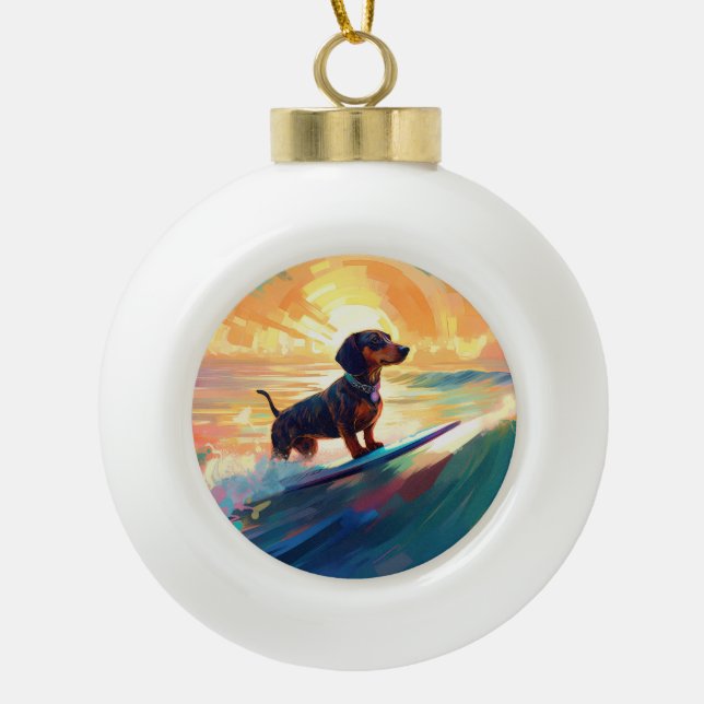 Dachshund Beach Surfing Painting Ceramic Ball Christmas Ornament (Front)