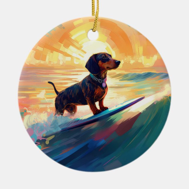 Dachshund Beach Surfing Painting Ceramic Tree Decoration (Front)