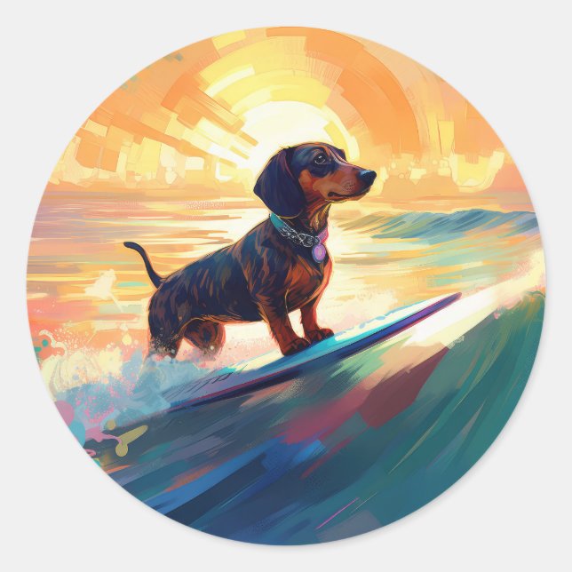 Dachshund Beach Surfing Painting Classic Round Sticker (Front)