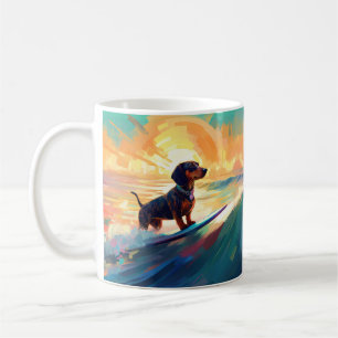 Dachshund Beach Surfing Painting Coffee Mug