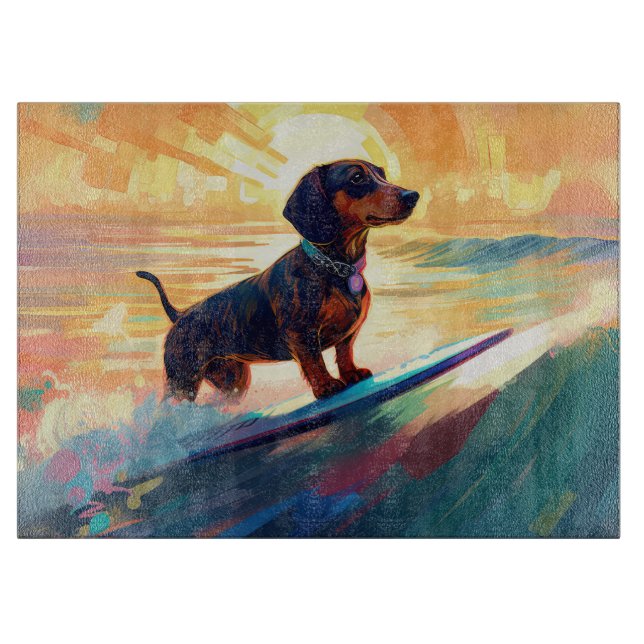 Dachshund Beach Surfing Painting Cutting Board (Front)
