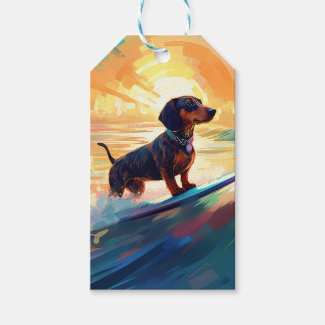 Dachshund Beach Surfing Painting Gift Tags (Front)