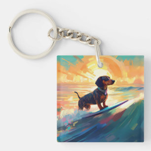 Dachshund Beach Surfing Painting Key Ring