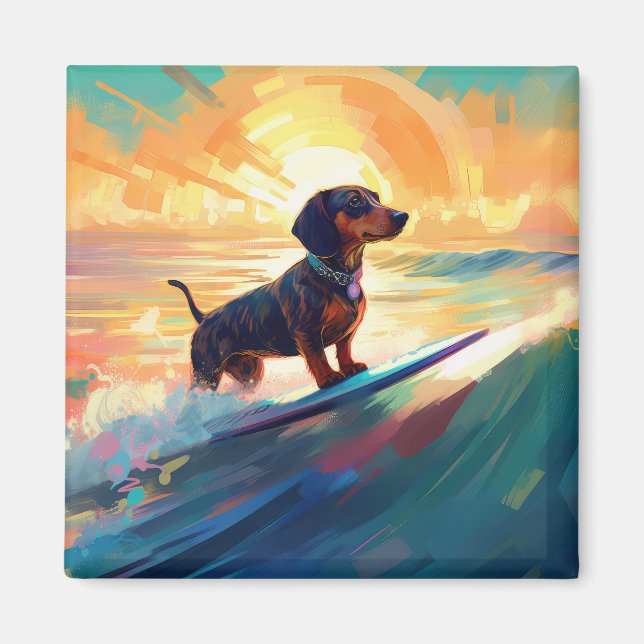 Dachshund Beach Surfing Painting Magnet (Front)