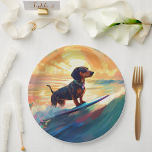 Dachshund Beach Surfing Painting Paper Plate