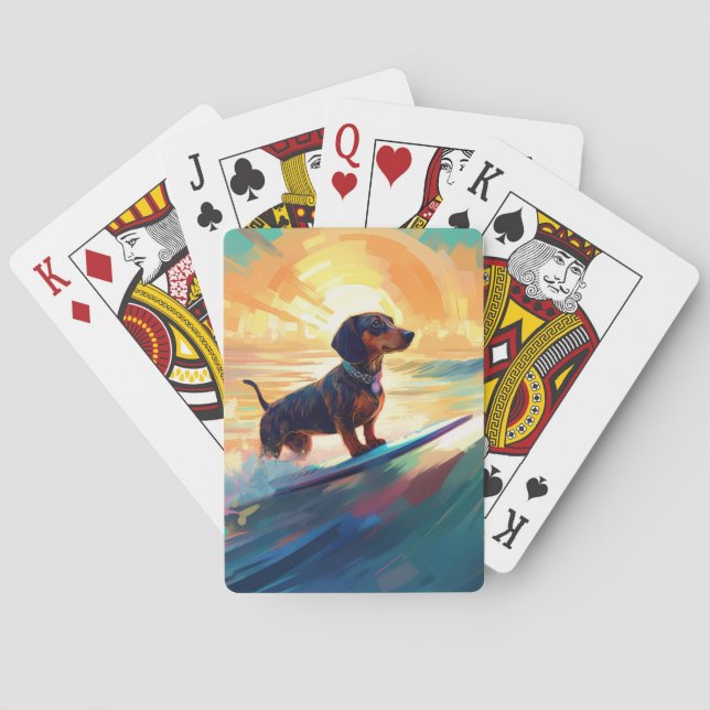 Dachshund Beach Surfing Painting Playing Cards (Back)