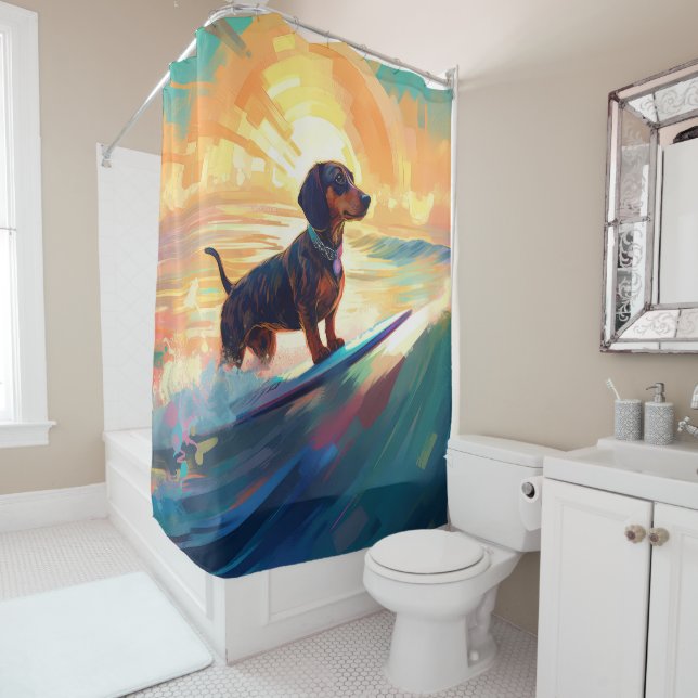 Dachshund Beach Surfing Painting Shower Curtain (In Situ)