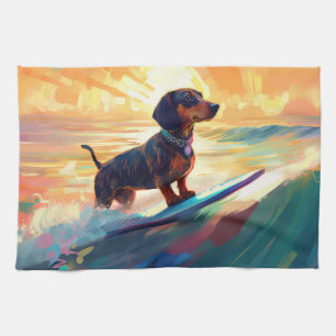 Dachshund Beach Surfing Painting Tea Towel