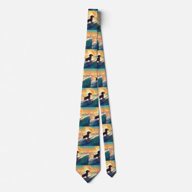 Dachshund Beach Surfing Painting Tie (Front)