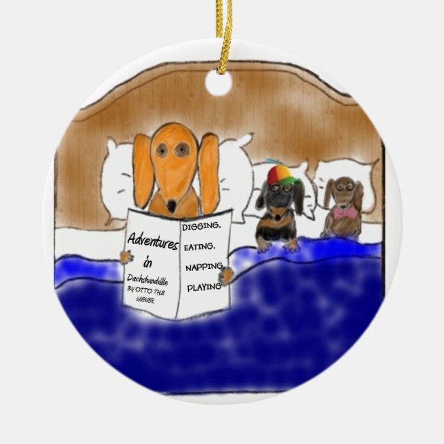 Dachshund Bedtime Story Ceramic Tree Decoration (Front)