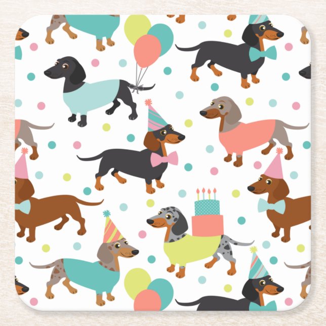 Dachshund Birthday Party Celebration Square Paper Coaster (Front)
