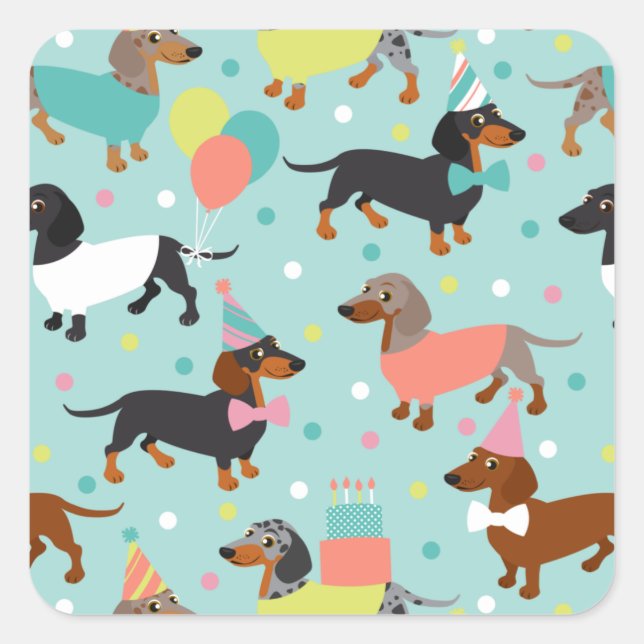 Dachshund Birthday Party Celebration Square Sticker (Front)