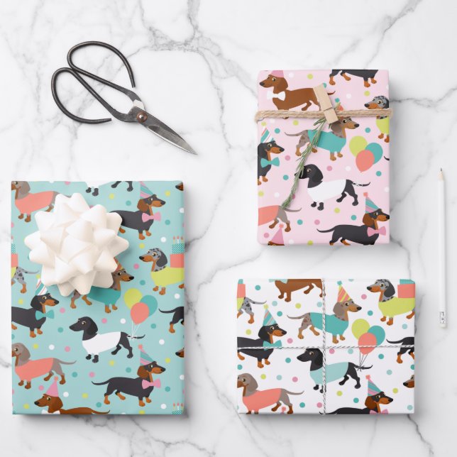 Dachshund Birthday Party Celebration Wrapping Paper Sheet (Front)