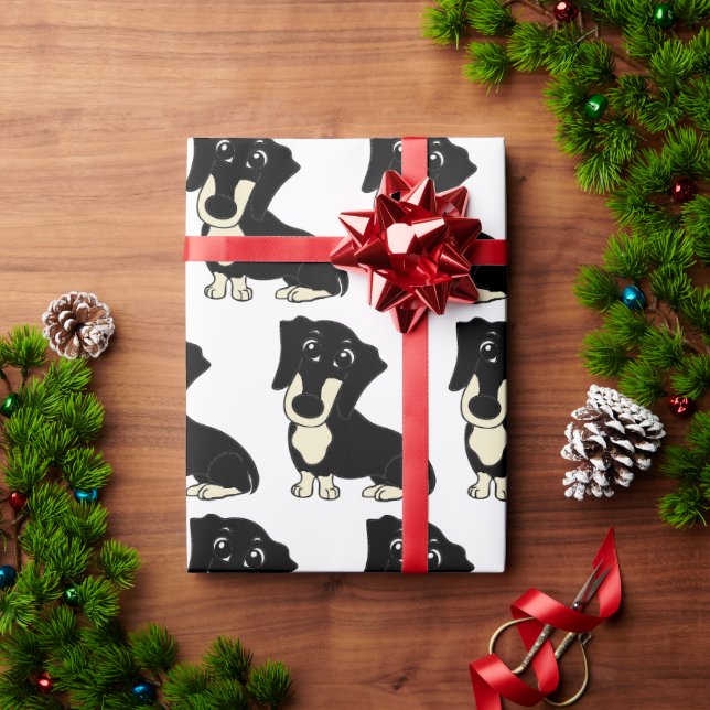 dachshund black and cream cartoon wrapping paper (Holiday Gift)