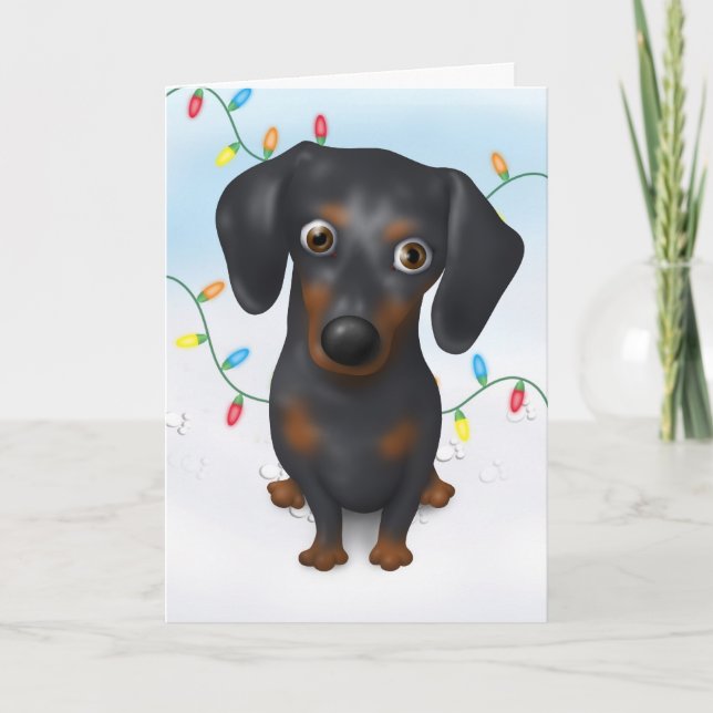 Dachshund (Black and Tan) Christmas Holiday Card (Front)