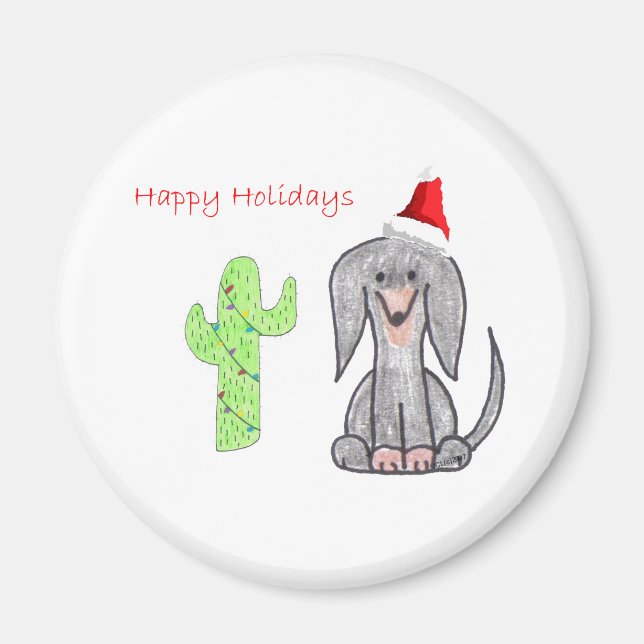 Dachshund Black Cactus Christmas Magnet (Front)