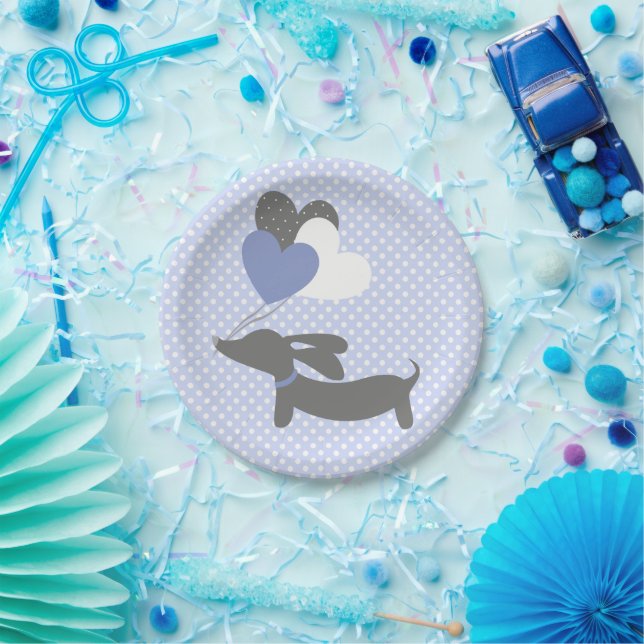 Dachshund Blue Baby Shower Paper Plates Polka Dots (Party)