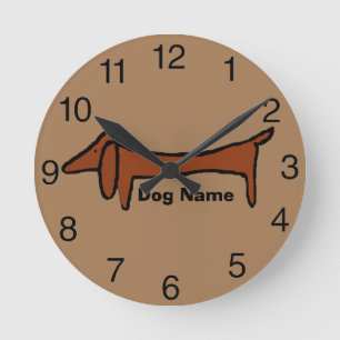 Dachshund, Brown Clock, edit name Round Clock