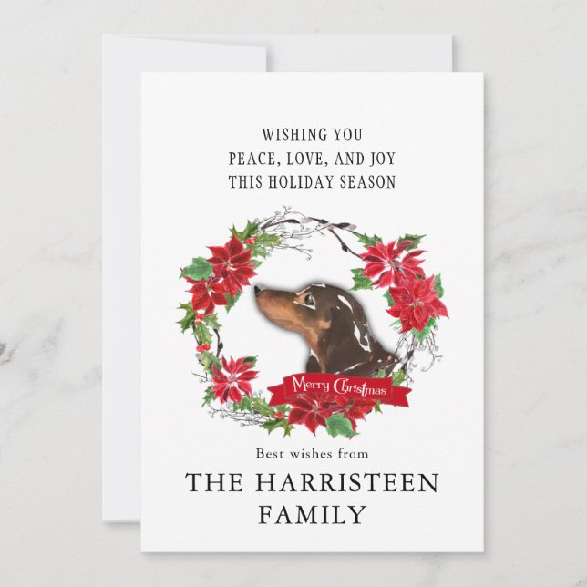 Dachshund brown Watercolor Poinsettia Christmas Holiday Card (Front)