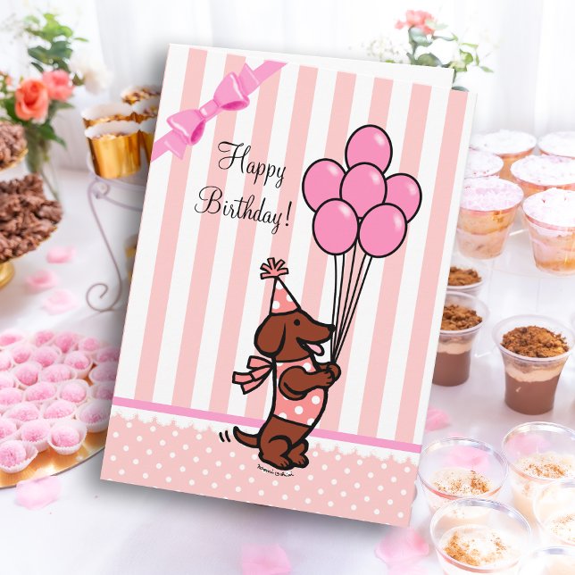 Dachshund Cartoon Birthday Pink Balloons Card (Dachshund Cartoon Birthday Pink Balloons Greeting Card for Dachshund Owners!  Cute Doxie design.)