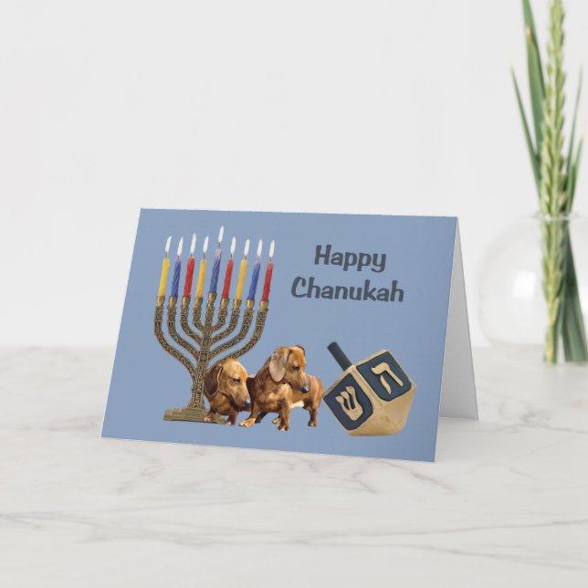 Dachshund Chanukah Card Menorah Dreidel1 (Front)