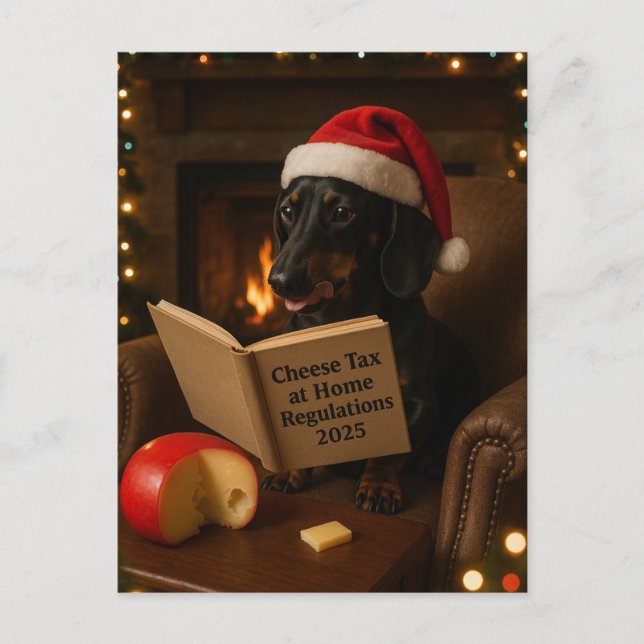 Dachshund 'Cheese Tax' Christmas postcard (Front)