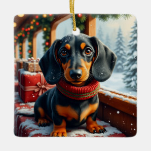 Dachshund Christmas Art Ceramic Ornament