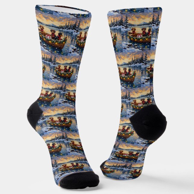 Dachshund Christmas Boat Holiday Socks (Angled)