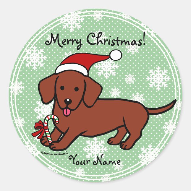 Dachshund Christmas Cartoon Snowflakes Classic Round Sticker (Front)