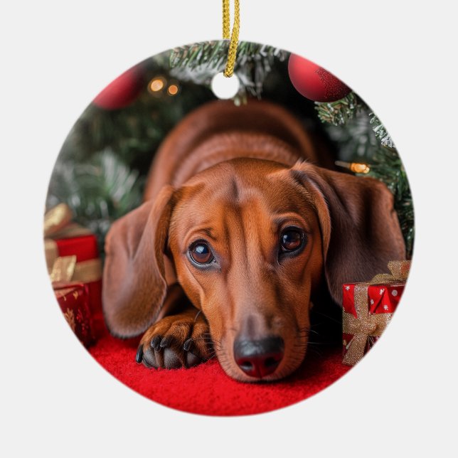 Dachshund Christmas Ceramic Tree Decoration (Front)