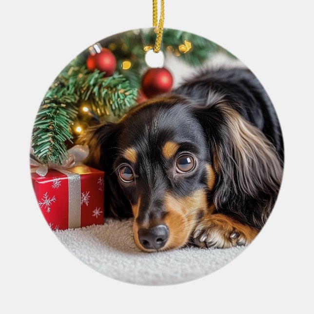 Dachshund Christmas Ceramic Tree Decoration (Front)