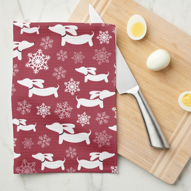 Dachshund Christmas Chef Gift Berry Tea Towel (Quarter Fold)